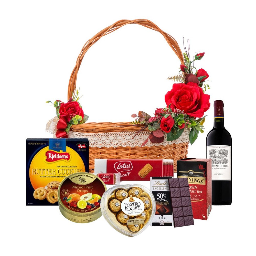 Cesto Gourmet di Cibo Delizioso con Rose Rosse