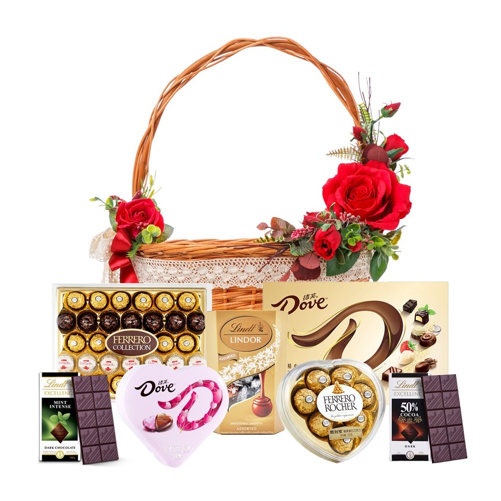 Cesta di Amanti del Cioccolato con Rose Rosse