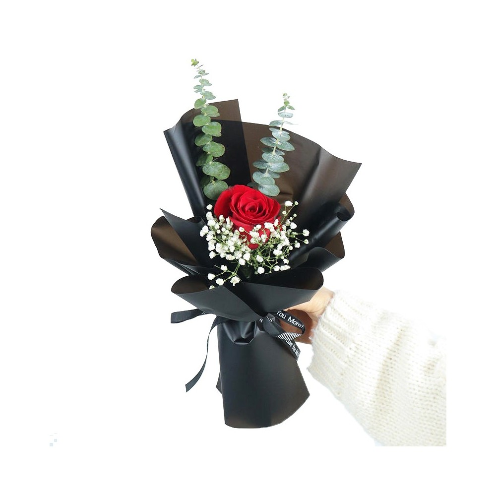 Single Stalk Red Rose with Gypsophila and Eucalyptus Mini Bouquet