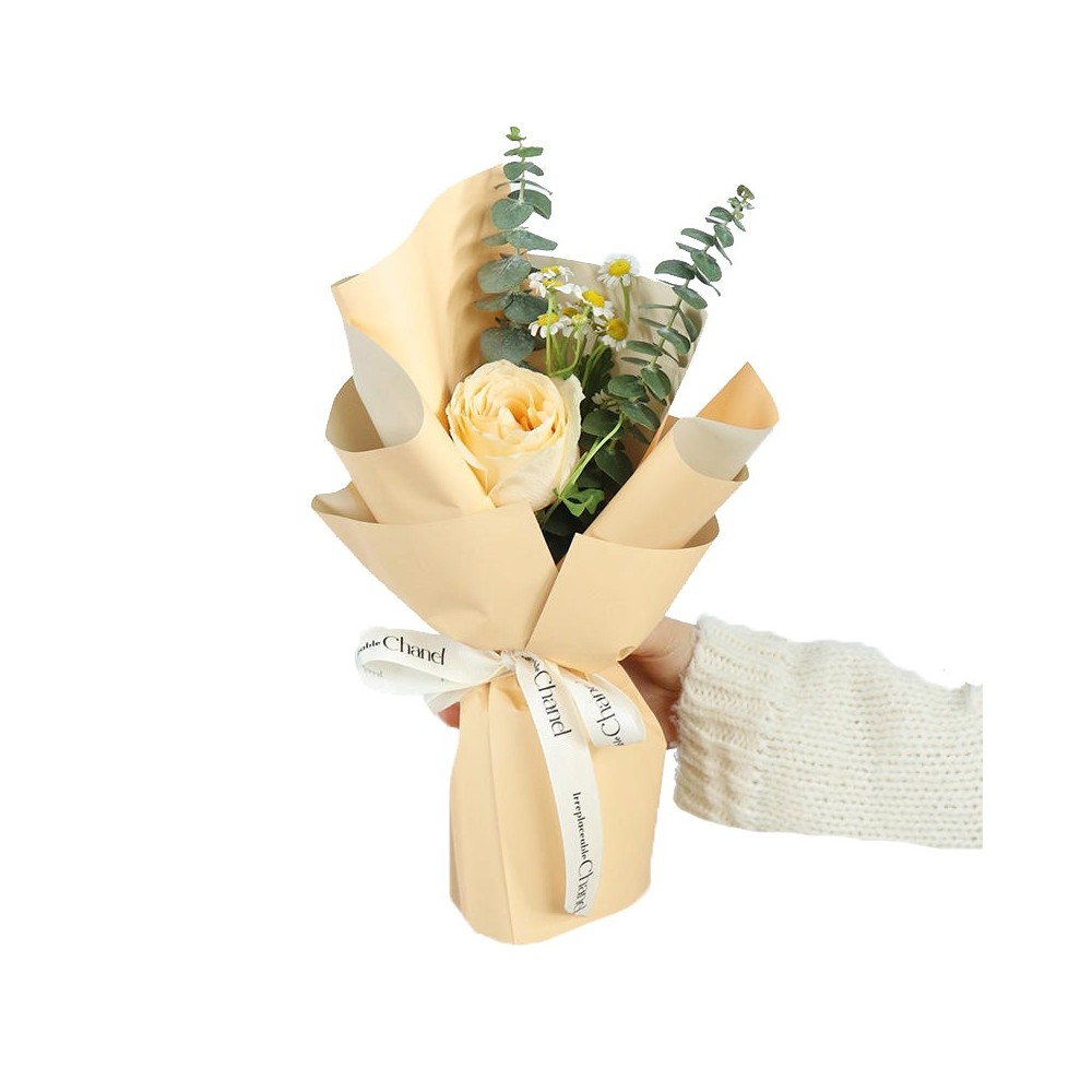 Single Stalk Champagne Rose with Eucalyptus and Marguerite Daisies Mini Bouquet