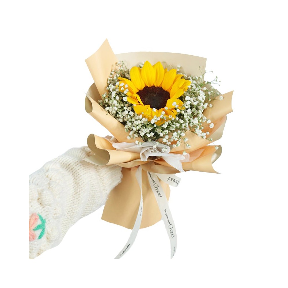 Mini bouquet di girasole a stelo singolo con gipsophila