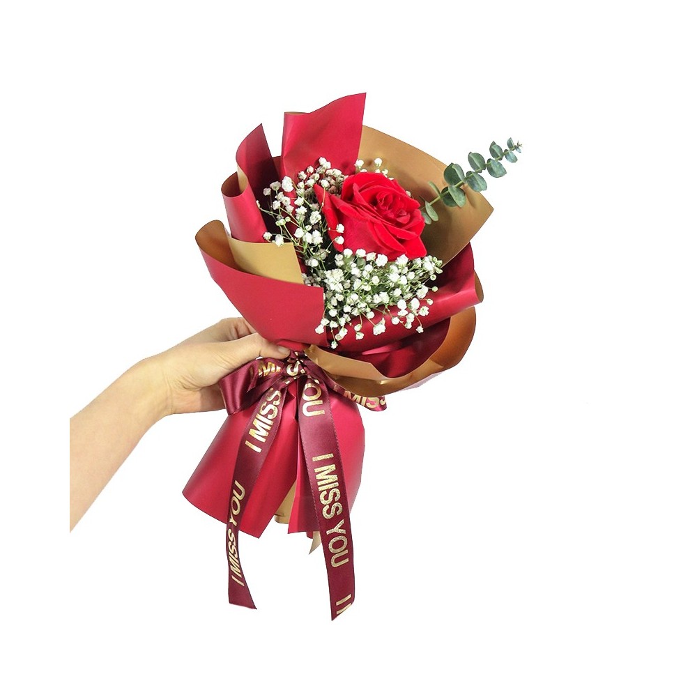 Single Stalk Red Rose with Eucalyptus and Gypsophila Mini Bouquet