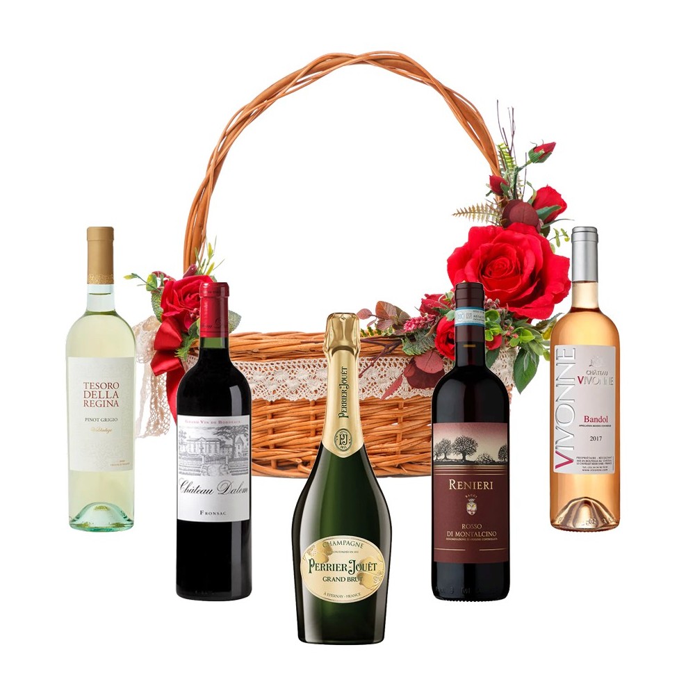 Cesta de regalo para amantes del vino con rosas rojas