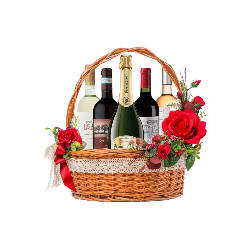 Panier cadeau amateur de vins avec roses rouges