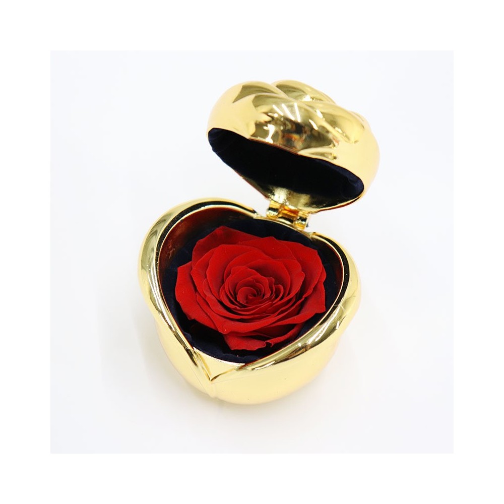 Preserved Red Rose in a Golden Color Jewelry Box