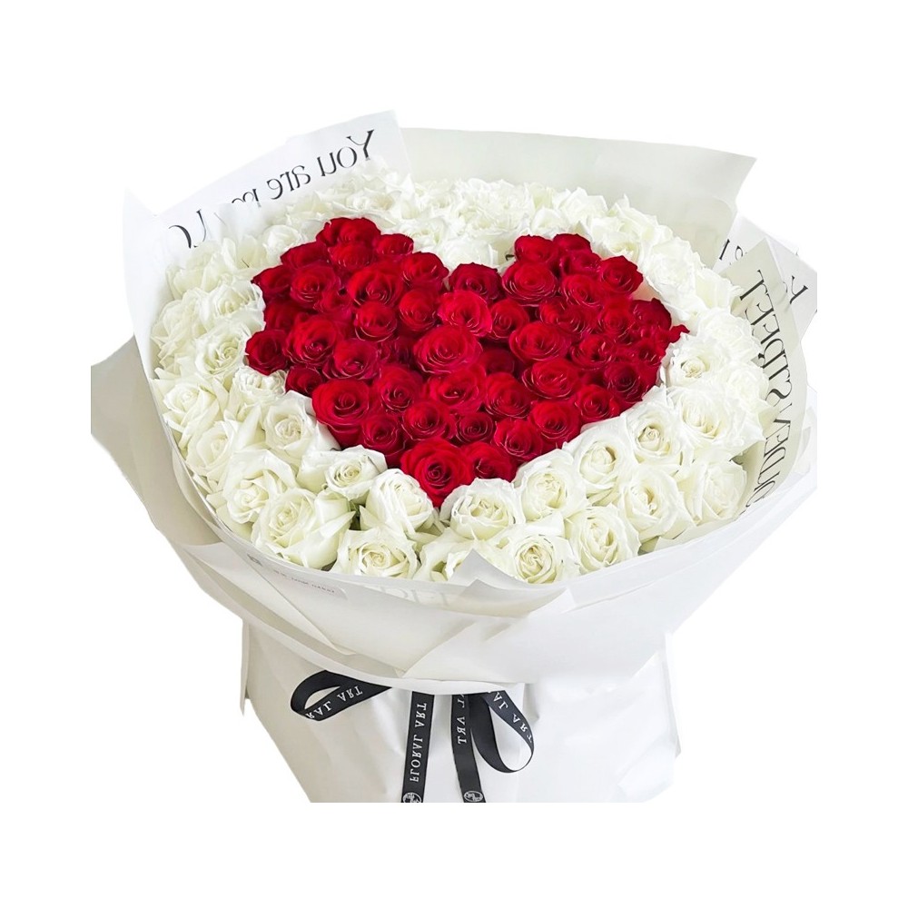 Il Bouquet di 99 Rose Rosse e Bianche « Cuore Rosso »