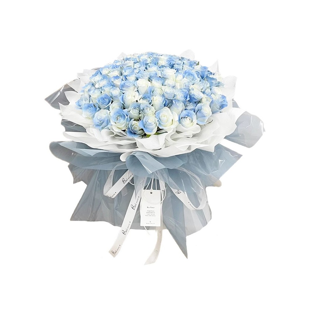 Il Bouquet di 99 Rose Bianche Tinte di Blu « Regina delle Nevi »