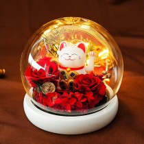 Preserved Red Flowers and Chinese Waving Lucky Cat in a Glass Dome