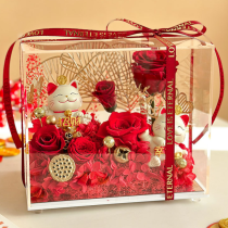 Preserved Flowers and Chinese Lucky Cats in a Glass Box