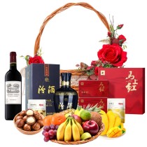 Chinese New Year Gift Basket: Tea, Baijiu, Red Wine, Mixed Fresh Fruits, Nuts and Dried Fruits