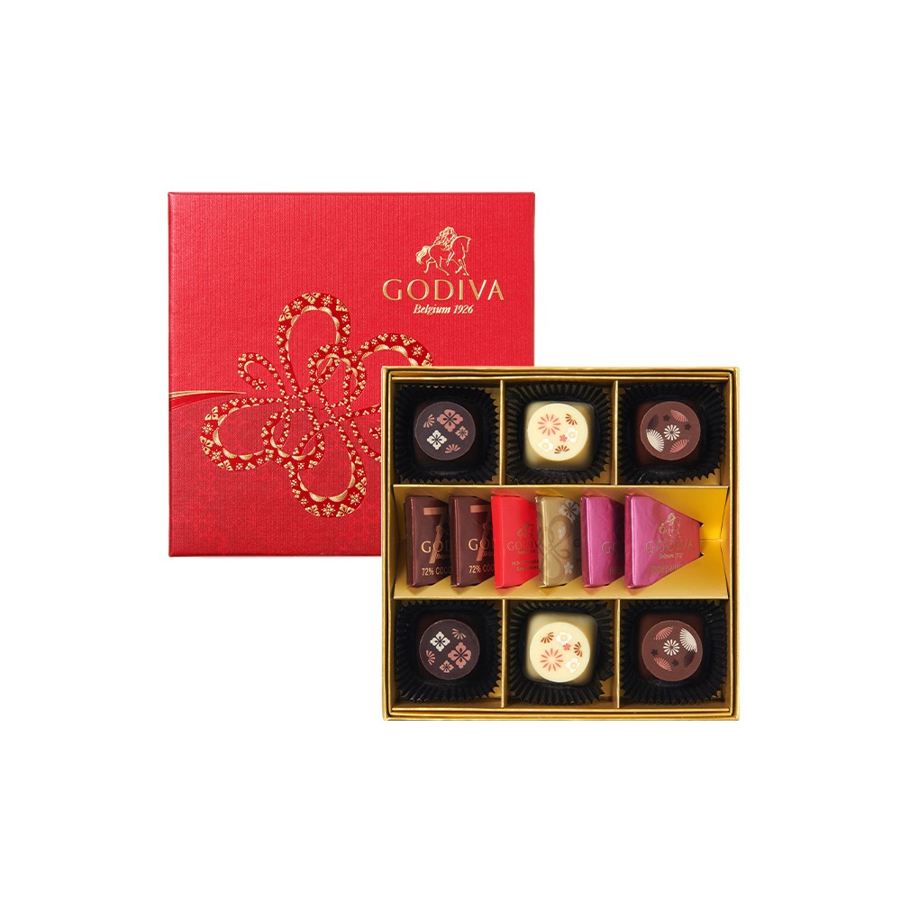 Godiva Premium Pralinen, 12 Stück, quadratische Geschenkbox mit Drachenmotiv und chinesischem Neujahrsmotiv